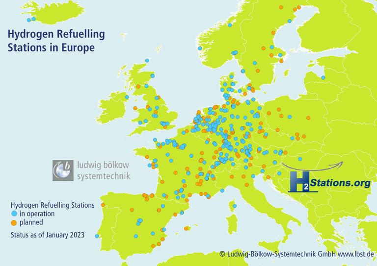 H2-Tankstellennetz in Europa, Stand: Ende 2022